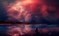 Sci-fi landscape digital painting with nebula, magician, planet, mountain and lake in red color. Elements furnished by NASA. 3D r