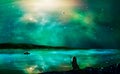 Sci-fi landscape digital painting with nebula, magician, planet, mountain, fisherman and lake in green color. Elements furnished Royalty Free Stock Photo