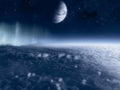 Sci-fi landscape. Exoplanet seen from one of its moons. Satellites of an extraterrestrial planet. Clouds and atmosphere of a moon Royalty Free Stock Photo