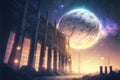 Sci-fi landscape with the route to abandoned factories and celestial bodies in the horizon Royalty Free Stock Photo