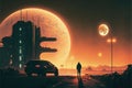 Sci-fi landscape with the route to abandoned factories and celestial bodies in the horizon Royalty Free Stock Photo