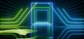 Sci Fi Laser Neon Triangle Cyber Virtual Alien Spaceship Green Blue Pantone Futuristic Tunnel Corridor Hall Concrete Metal Cosmic