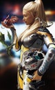 Sci-Fi Meets Fantasy. Blonde female in futuristic space armor with helmet , encountering three dragons.