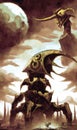 Sci-fi monsters in sepia colored painting AI art