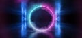 Sci Fi Neon Circle Smoke Glowing Light Vibrant Purple Blue Stage NIght Club Background Grunge Concrete Dark Tunnel Hall Corridor