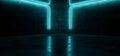 Sci Fi Neon Futuristic Cyberpunk Glowing Retro Modern Vibrant Blue Lights Laser Show Empty Stage Room Hall Reflective Concrete