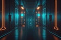 Sci fi neon glowing lamps in a dark corridor. Generative Ai