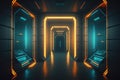 Sci fi neon glowing lamps in a dark corridor. Generative Ai
