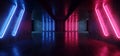 Sci Fi Neon Glowing Retro Cyber Vibrant Purple Blue Cement Concrete Grunge Tunnel Corridor Room Show Club Stage Podium Night 3D