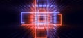 Sci Fi Neon Stage Futuristic Podium Construction Laser Frame Red Blue Glowing Rectangle Reflective Concrete Garage Hallway Tunnel