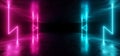 Sci Fi Neon Thunders Glowing Light Vibrant Purple Blue Stage NIght Club Background Grunge Concrete Dark Tunnel Hall Corridor Royalty Free Stock Photo