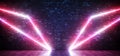 Sci Fi Neon Wing Abstract Shaped Glowing Pink Purple Triangle Lights On Grunge Brick Wall And Reflective Concrete Floor