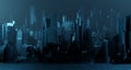 Sci-fi night landscape fantastic empty city light blue neon glow top view. Surreal alien architecture concept. 3D rendering