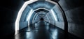 Sci Fi Oval Arc Shaped Alien Empty Long Grunge Concrete Tiled Reflective Floor Corridor Tunnel Hall With Blue Lights Futuristic Royalty Free Stock Photo