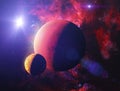 Sci-fi planets, discovery of new worlds, science fiction. Planets and moons of other galaxies and universes. Royalty Free Stock Photo