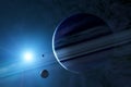 Sci-fi planets, discovery of new worlds, science fiction. Planets and moons of other galaxies and universes. Saturn rings and moon Royalty Free Stock Photo