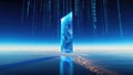 Sci-fi portal emerging from ocean with glowing binary code raining from the sky. Surreal futuristic Royalty Free Stock Photo