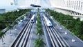 Sci Fi railway futuristic station. Future concept. Aerial view. 3d rendering