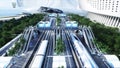 Sci Fi railway futuristic station. Future concept. Aerial view. 3d rendering