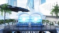 Sci Fi railway futuristic station. Future concept. Aerial view. 3d rendering