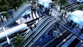 Sci Fi railway futuristic station. Future concept. Dinamyc trees. . Aerial view. 3d rendering