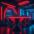 Sci Fi Retro Futuristic Neon Laser Glowing Dance Club Cafe Red Purple Blue Night Event Cyber City Advanced Technology Lifestyle