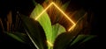 Sci Fi Retro Neon Laser Vibrant Rectangle Yellow Light In Palm Tree Green Leaves 3D Rendering