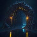 Sci Fi Rock Mountain Shelter Tunnel Corridor Wet Asphalt Floor Orange Lights Midnight Underground Rock Solid Hallway Generative Ai Royalty Free Stock Photo