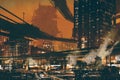 Sci fi scene of futuristic industrial cityscape Royalty Free Stock Photo