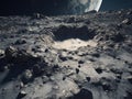 Sci-fi scene of large crater on the moon surface. Earth in the background. Royalty Free Stock Photo