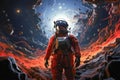 A sci-fi scene showing an astronaut standing on the surface of a lifeless planet amid a surreal sky scene of vibrant