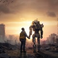 Robot and man on the ruins of the destroyed city made with generative AI