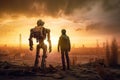 Robot and man on the ruins of the destroyed city made with generative AI