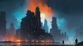 Sci-fi scenery of futuristic city with industrial buildings