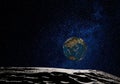 Sci-fi space scene, blue earth seen from the moon surface. 3D illustration Royalty Free Stock Photo