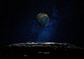 Sci-fi space scene, blue earth seen from the moon surface. 3D illustration Royalty Free Stock Photo