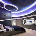 Sci-Fi Spaceship Bedroom: A futuristic spaceship-themed bedroom with spaceship controls, starry ceiling, and space-themed beddin