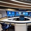 A sci-fi spaceship-inspired office with control panel desk, spaceship windows, and futuristic chairs2 Royalty Free Stock Photo