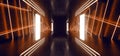 Sci Fi Studio Club Futuristic Wire Mesh Infinity Long Tunnel Corridor Hallway Glowing Orange Vibrant Dark Concrete Reflection