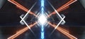 Sci Fi Triangle Spaceship Neon Glowing Laser Beam Virtual Lights Orange Blue Fluorescent On Concrete Grunge Underground Tunnel