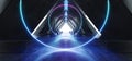 Sci Fi Triangle Spaceship Neon Glowing Laser Beam Virtual Lights Purple Blue Fluorescent On Concrete Grunge Underground Tunnel