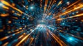 Sci-fi tunnel with pulsating light speeds, digital network core journey - realistic photo