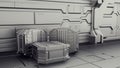 Sci-fi warehouse where containers are stored. Laboratory on a spaceship. 3d render