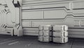 Sci-fi warehouse where containers are stored. Laboratory on a spaceship. 3d render