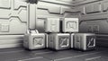 Sci-fi warehouse where containers are stored. Sci-fi warehouse where containers are stored. Armory on a spaceship 3d render