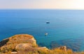 SCIACCA, ITALY 25.08.2018. Panoramic view on mediterranean sea and small boat with turist from Angelo Scandaliato Square terrace i