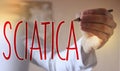 Sciatica word Doctor writes with red marker. Selective focus. Medical healthcare concept
