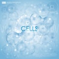 Science background with cells HUD. Blue cell background. Life and biology, medicine scientific, bacteria, molecular