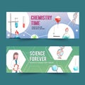 Science banner design with test tube, woman, magnifying glass watercolor illustration