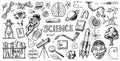 Science banner. Engraved hand drawn in old sketch and vintage style. Astronaut and rocket. Scientific formulas and Royalty Free Stock Photo